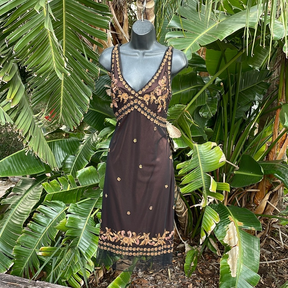 Marina beaded and embroidered floral real sheer mesh slip dress